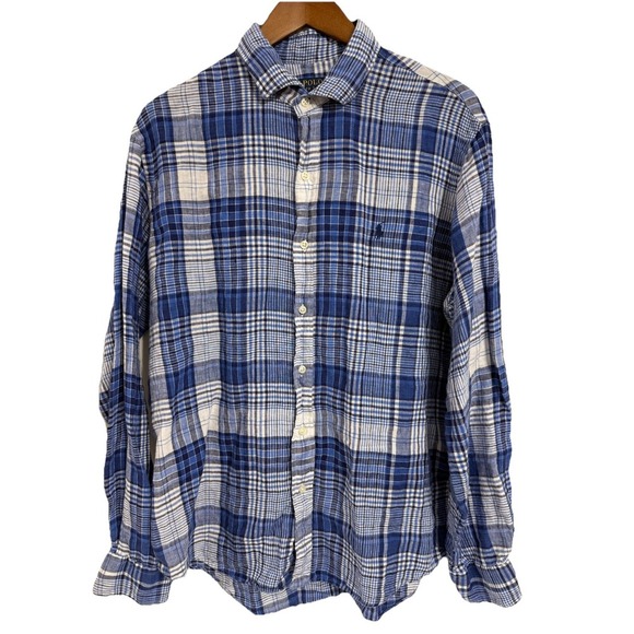 Polo Ralph Lauren Other - Polo Ralph Lauren Shirt Linen Button Up XL‎ Blue Plaid Pony Long Sleeve